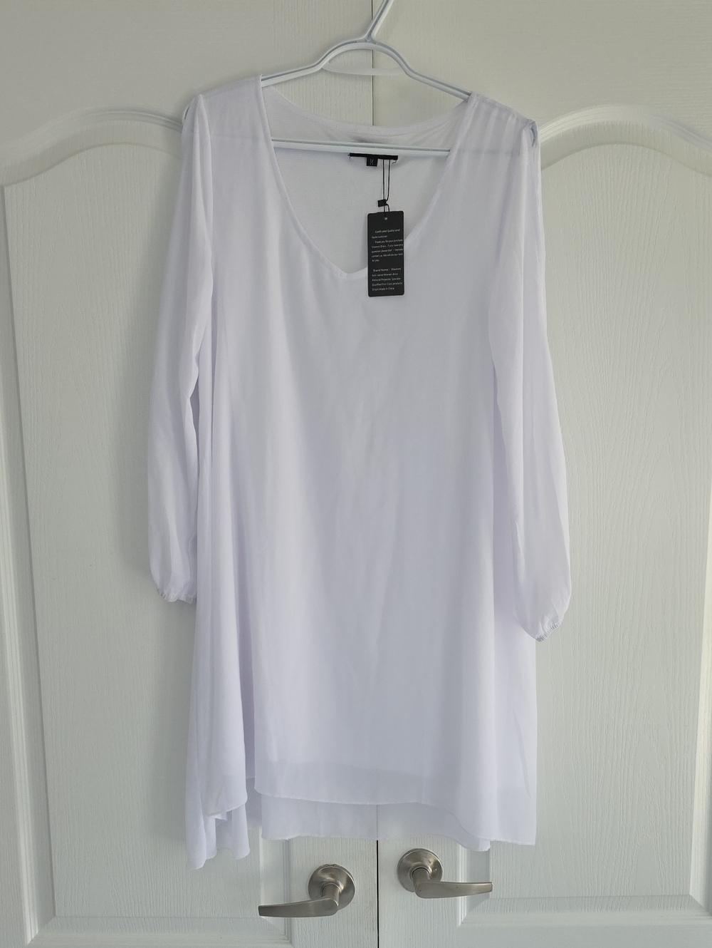 White V-Neck Midi Dress - Lightweight Long Sleeve